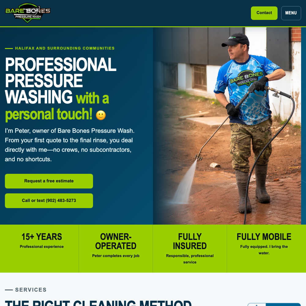 Bare Bones Pressure Wash website homepage