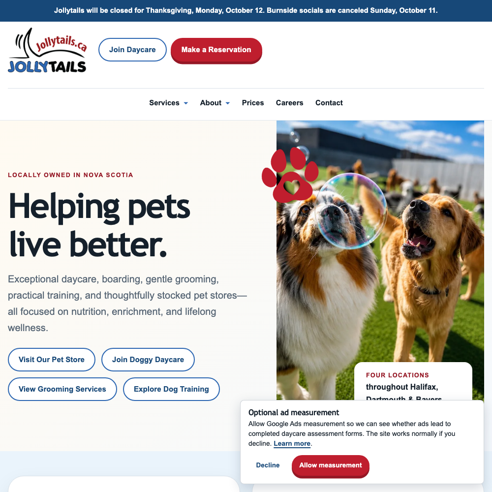 Jollytails website homepage